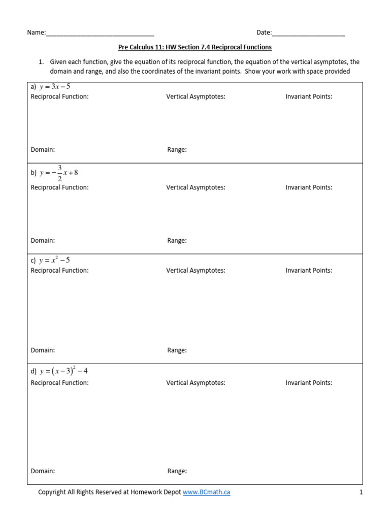 HW 7.4 Reciprocal Functions | PDF | Function (Mathematics) | Asymptote