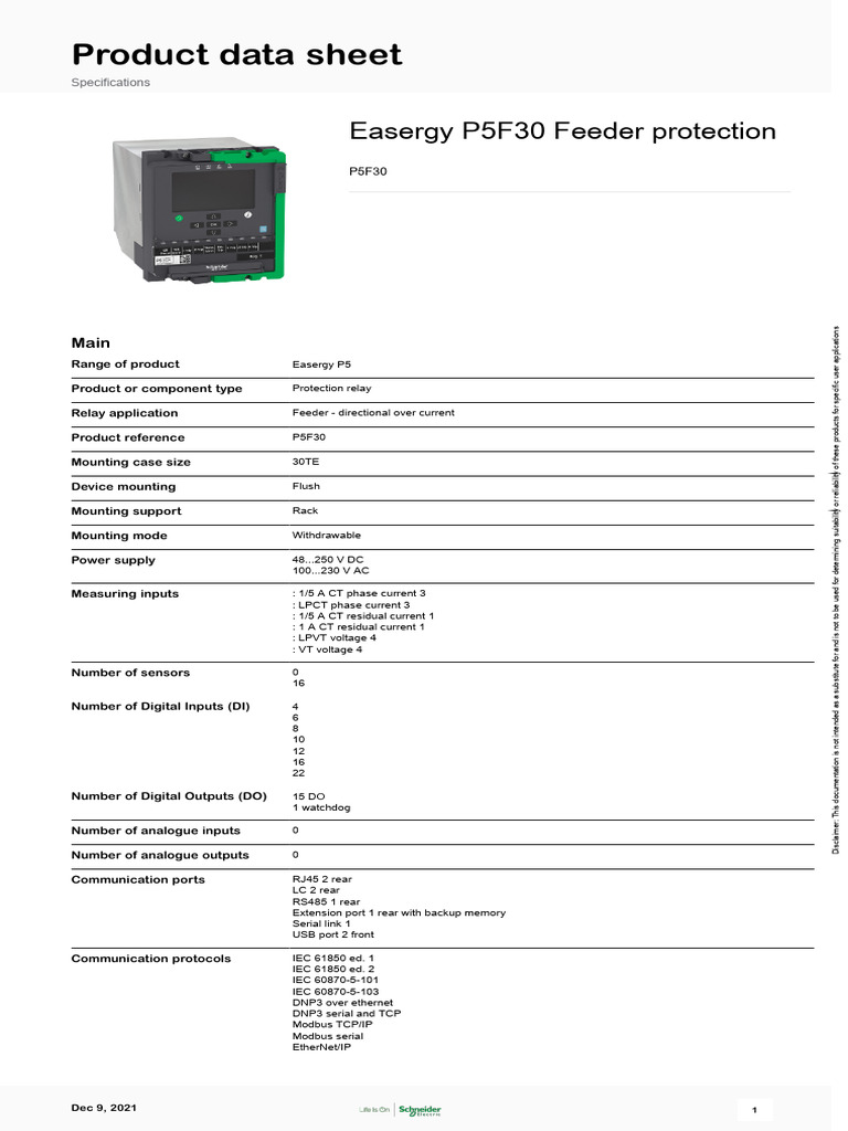 Easergy P5F30 Relay Specifications | PDF | Electromagnetic ...