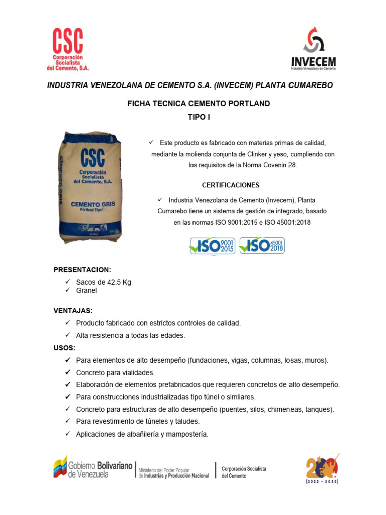 Ficha Técnica Cemento Portland Tipo I | PDF | Cemento | Hormigón