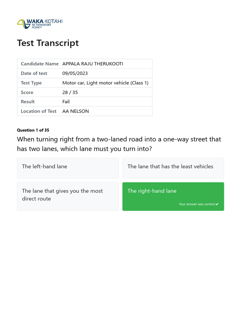 Driving Test Results for Appala Raju | PDF | Traffic Light | Traffic