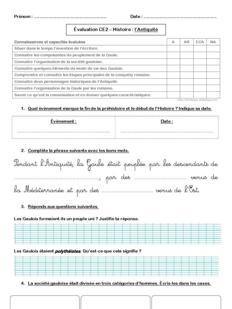 Evaluation Ce2 Histoire Les Gaulois Et Les Romains Eval Ce2 - Antiquite - 2010 11 LB v2 | PDF | Gaule | Rome antique