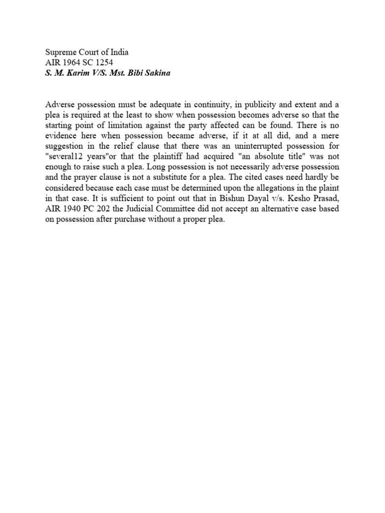 Adverse Possession in Indian Law Case | PDF | Law