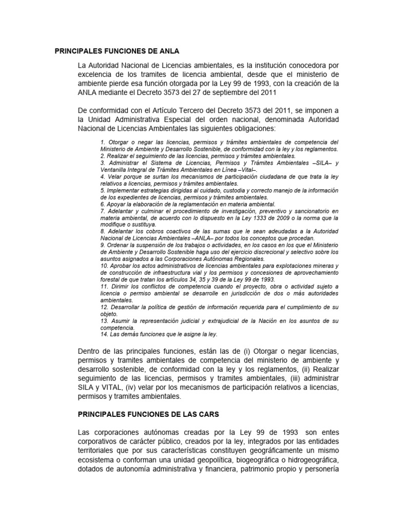 Principales Funciones de Anla | PDF | Entorno natural | Jurisdicción