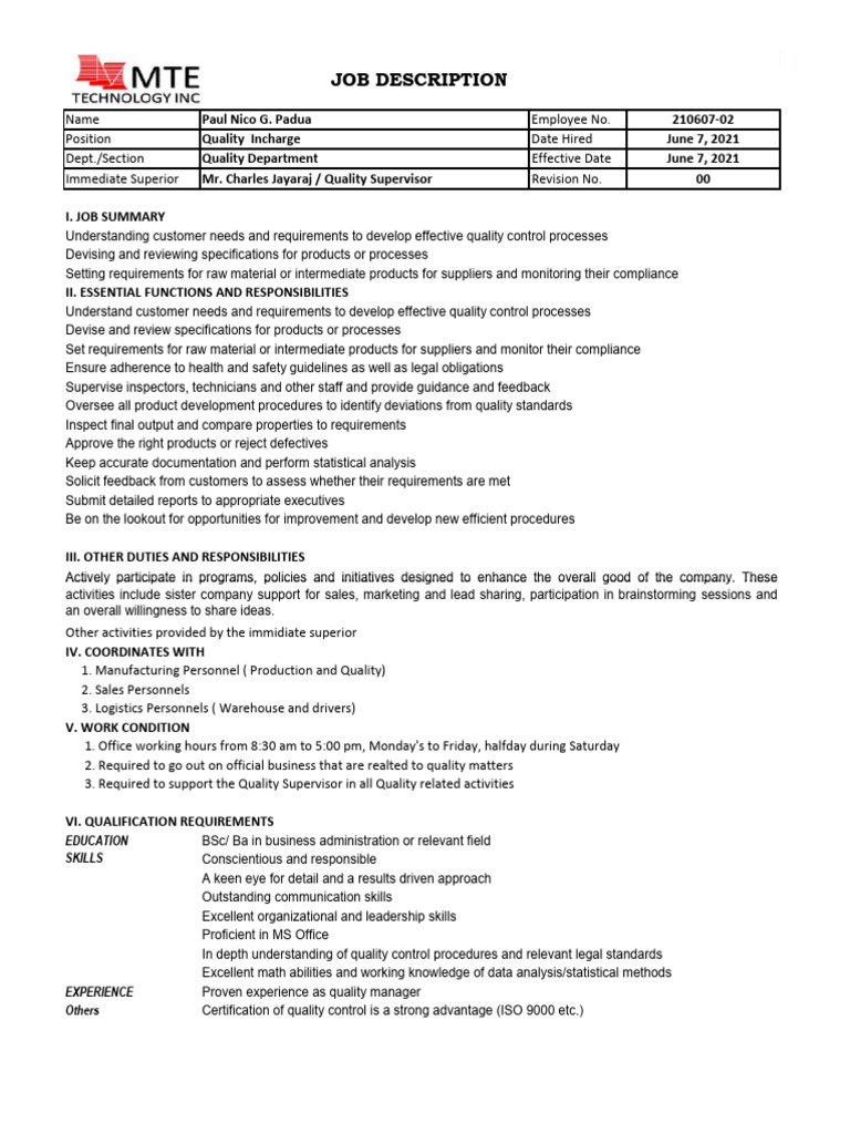 JD QC Assistant Supervisor | Download Free PDF | Occupational Safety ...