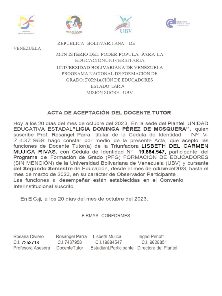Acta de Aceptación Docente Tutor UBV | PDF