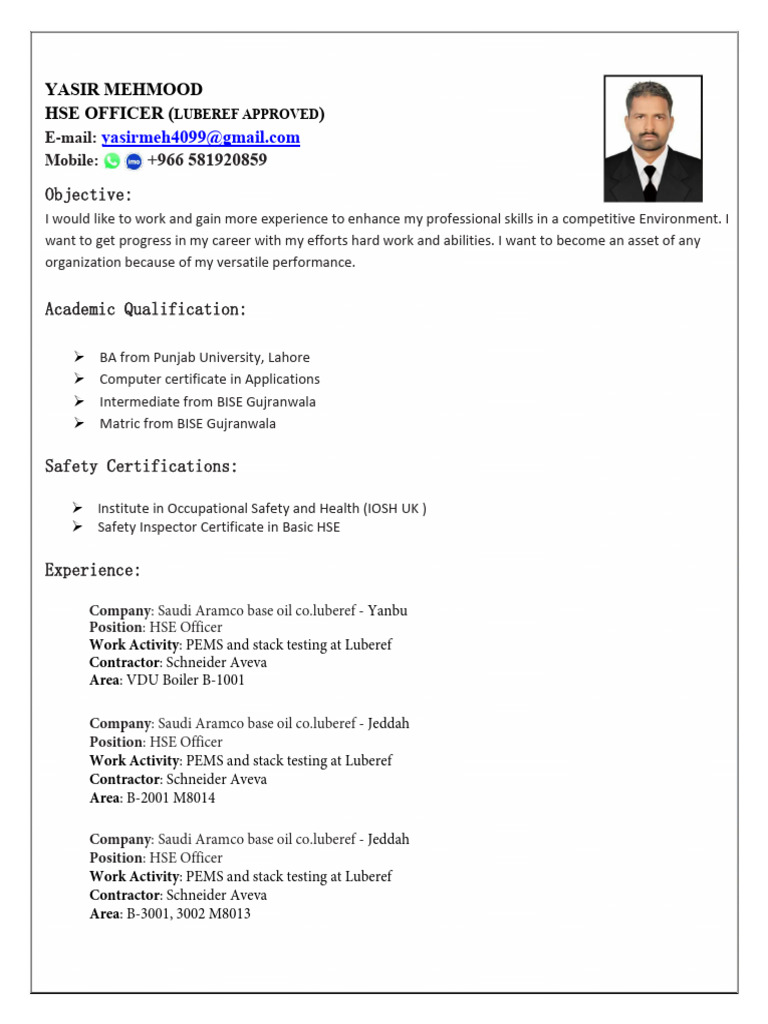 HSE Officer Resume and Experience Summary | PDF | Occupational Safety ...