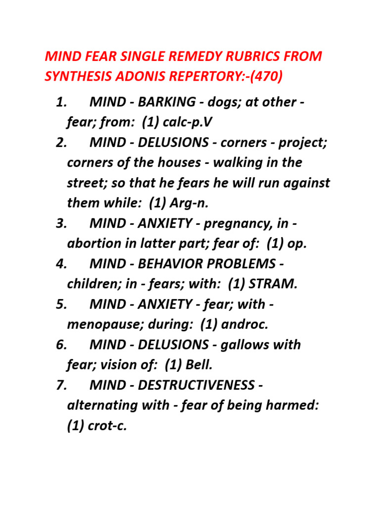 Mind Fear Single Remedy Rubrics PDF