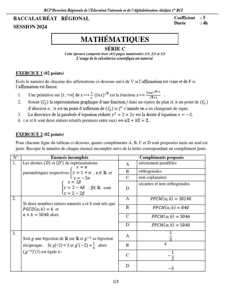 Sujets de maths Bac 2024 en Afrique | PDF | Entier relatif | Entier naturel
