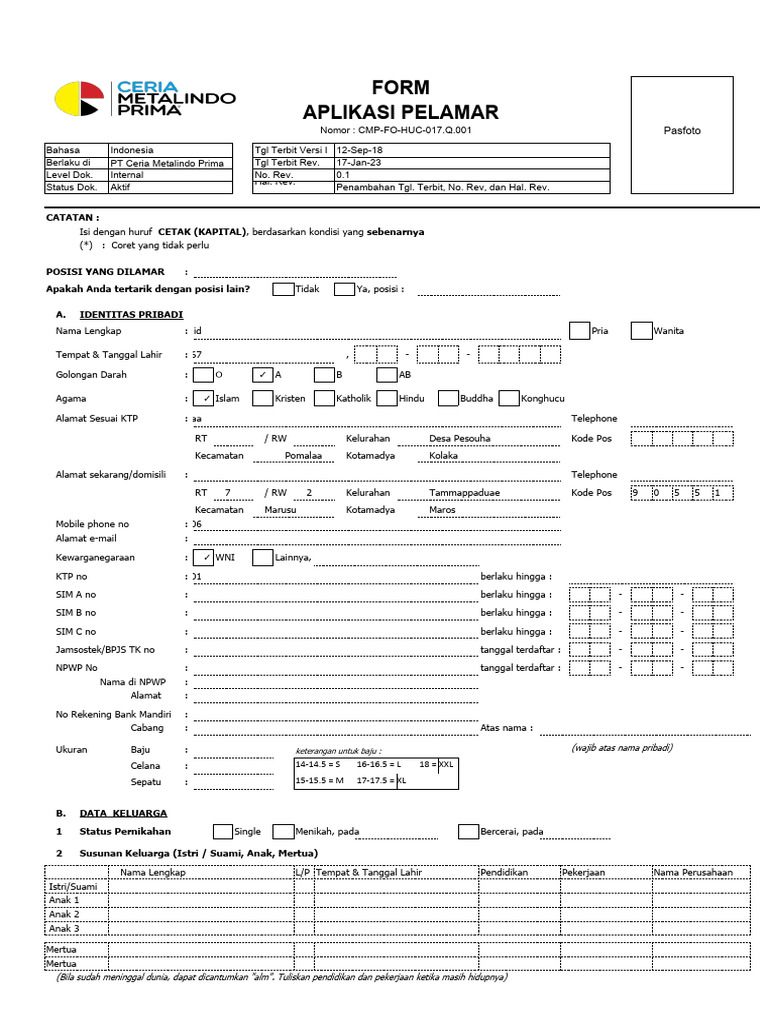 Form Aplikasi Pelamar - CMP (Final) | PDF