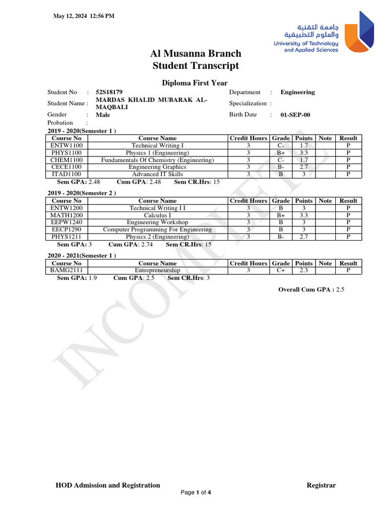 Student Transcript: Engineering Diploma | PDF | Course Credit | Electricity