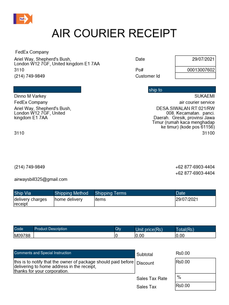 FedEx Air Courier Receipt Sample | PDF | Receipt | Taxes