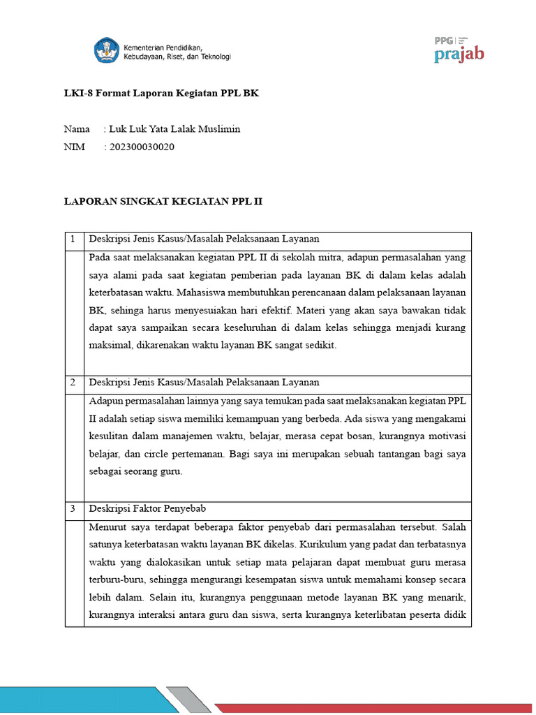 LKI-8 Format Laporan Kegiatan PPL BK_LUKLUK_PPLII | PDF
