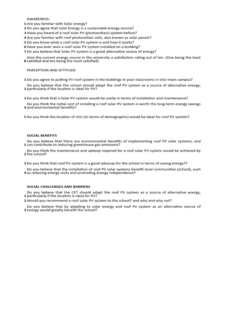 Solar Energy Survey Questionnaire | PDF | Photovoltaics | Photovoltaic ...