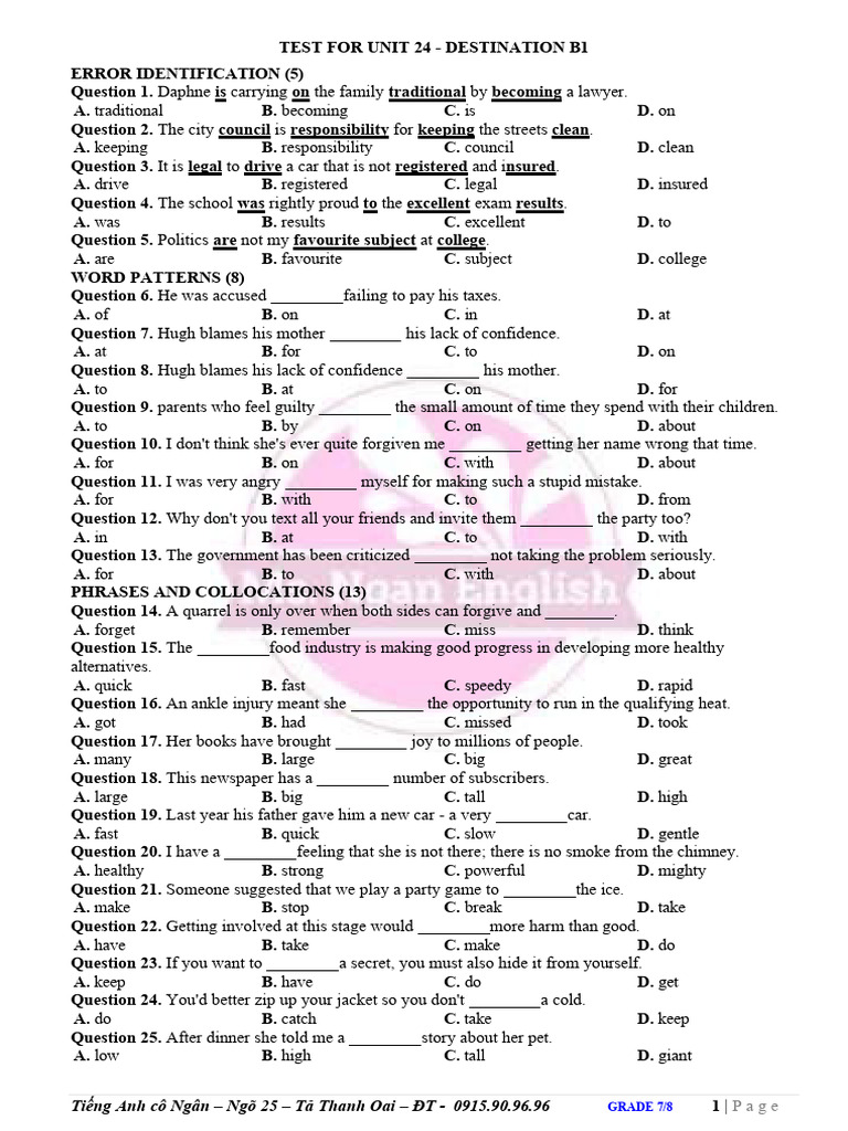 Unit 24 Test: Destination B1 | PDF