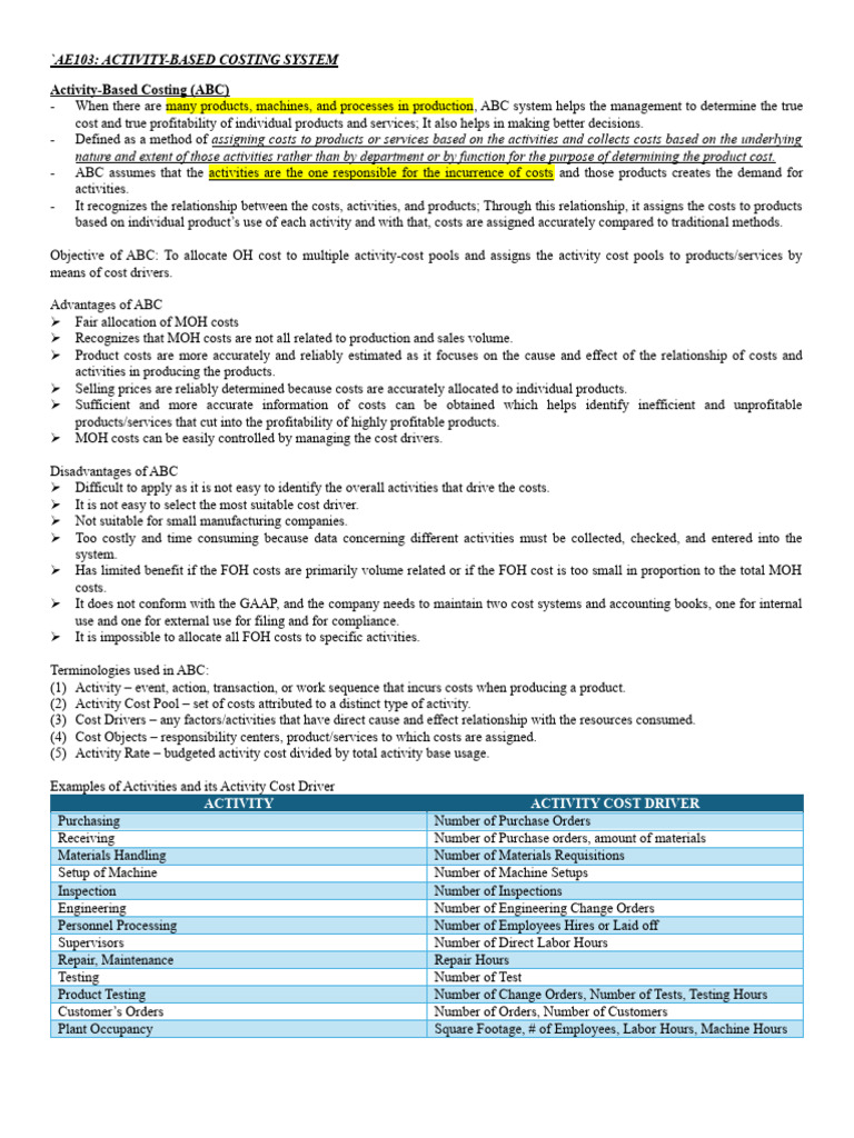 Activity Based Costing Abc Notes Pdf Business Business Economics