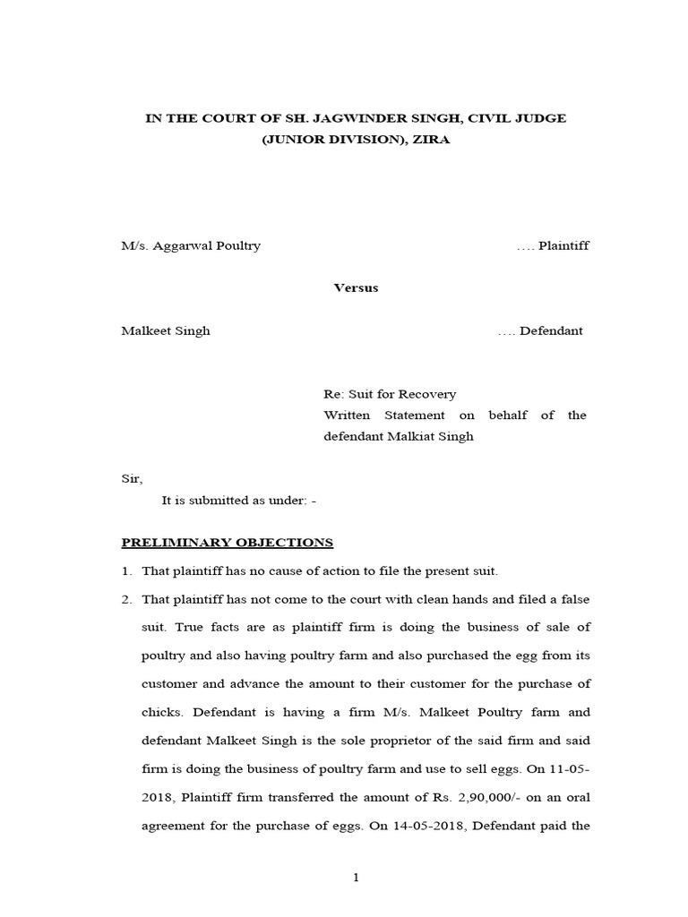 Written statement in case of recovery suit titled aggarwal poultry vs