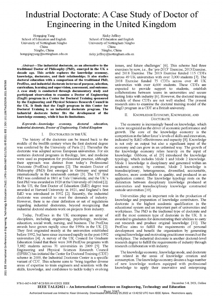 Industrial Doctorate: A Case Study Ofdoctor of Engineering in The ...