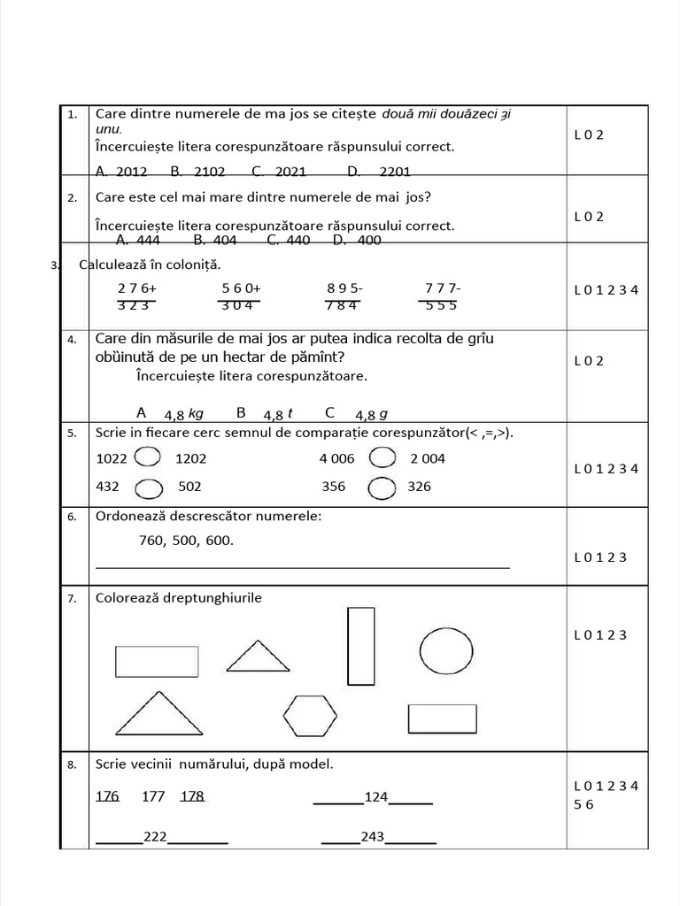PDF Test de Evaluare Matematica Ces | PDF
