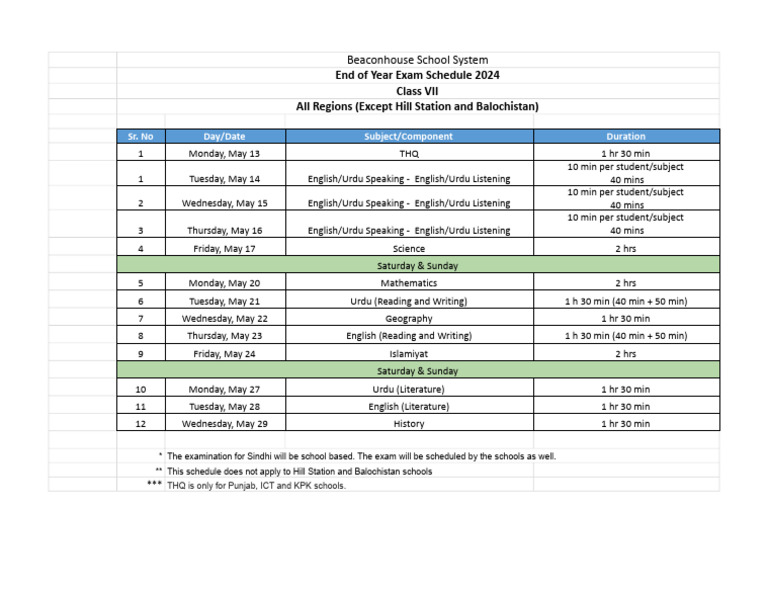2024 Class VII Exam Schedule | PDF