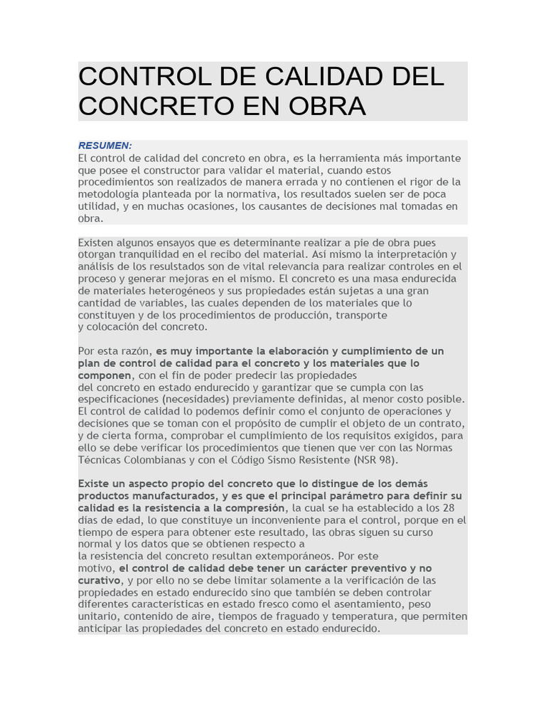 Control de Calidad Del Concreto en Obra | PDF | Hormigón