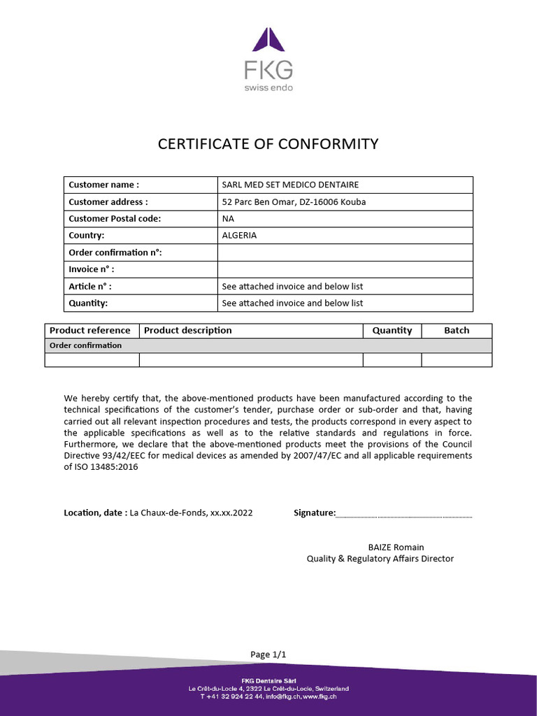 Certificate of Conformity for Medical Devices | PDF