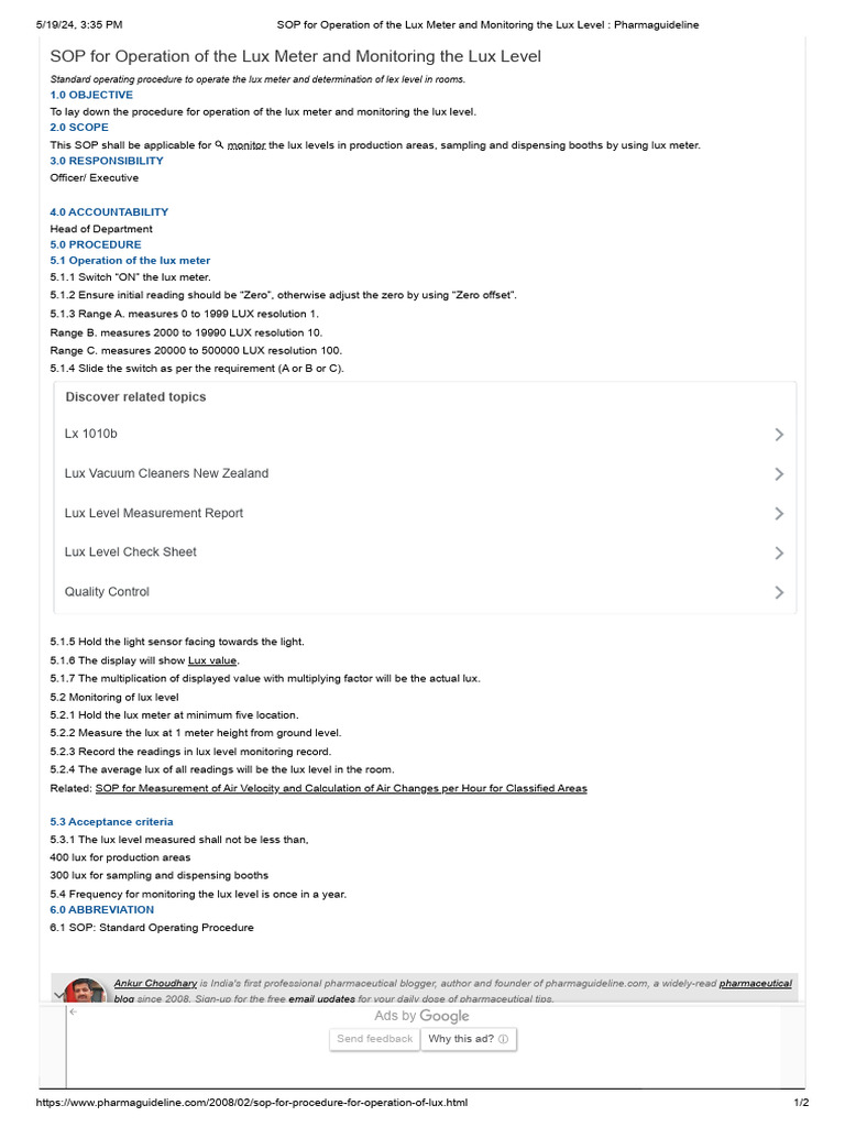 SOP For Operation of The Lux Meter and Monitoring The Lux Level PDF