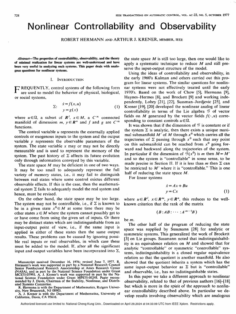 Nonlinear Controllability and Observability | PDF | Linear Map | Vector ...