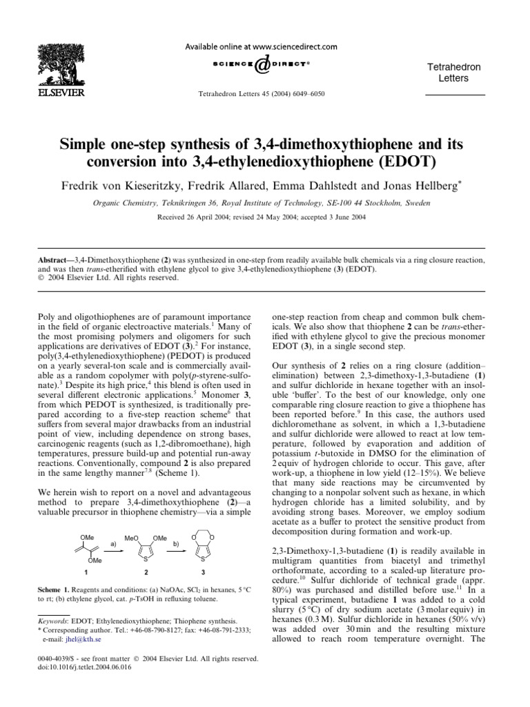 Simple One Step Synthesis of 34 Dimethoxythiophene and Its Conversion ...