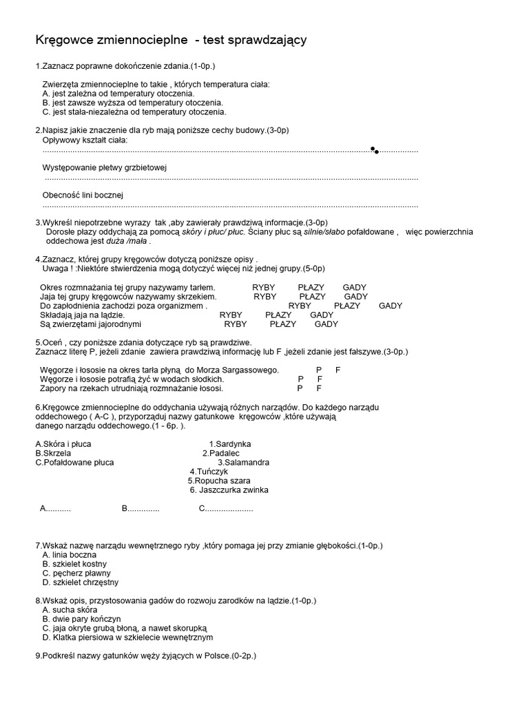 Plazy I Ryby - Test Klasa 6 WERSJA | PDF