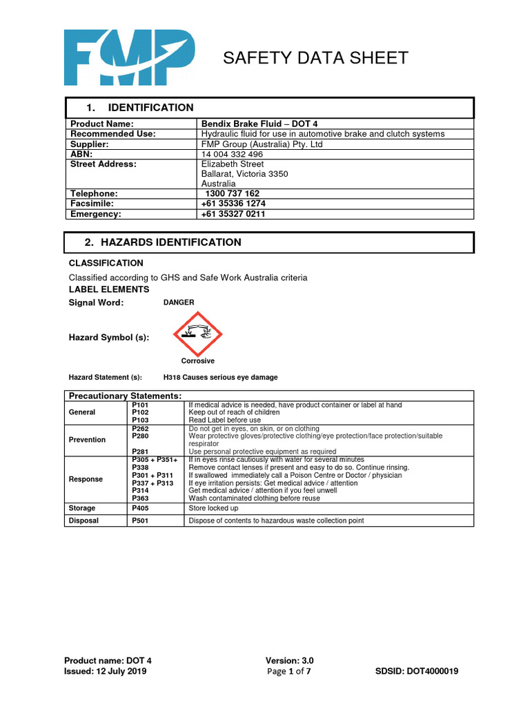 Bendix Brake Fluid DOT 4 Safety Data Sheet | PDF | Dangerous Goods ...