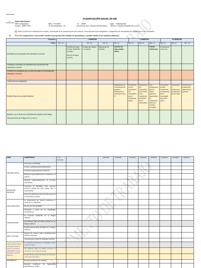Plan Anual EIB para Grados 3 y 4 | PDF | Segundo lenguaje | Salón de clases
