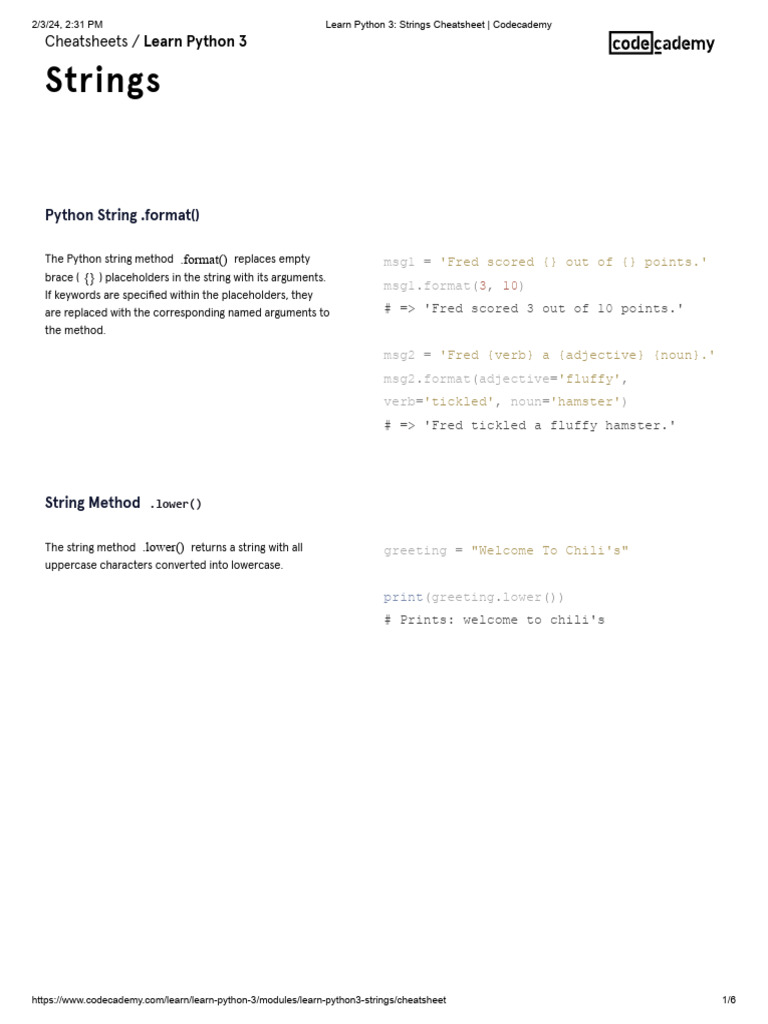 Learn Python 3_ Strings Cheatsheet _ Codecademy | PDF | String ...