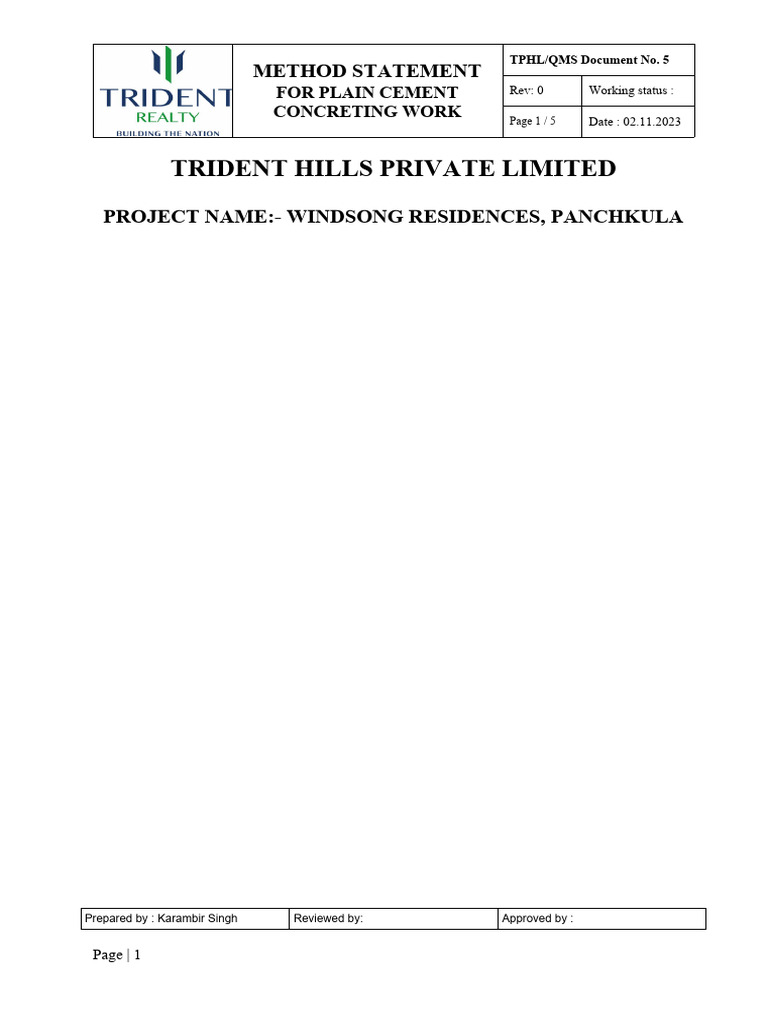 Method Statement For Plain Cement Concreting Work | PDF | Concrete ...