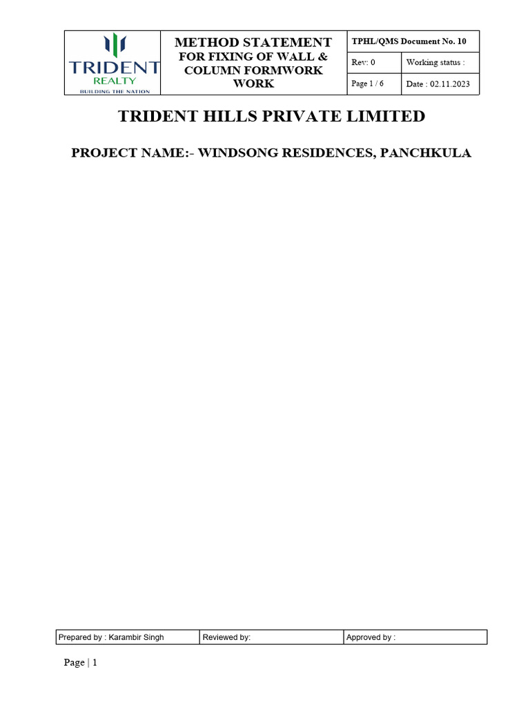Wall & Column Formwork Method Statement | PDF | Scaffolding
