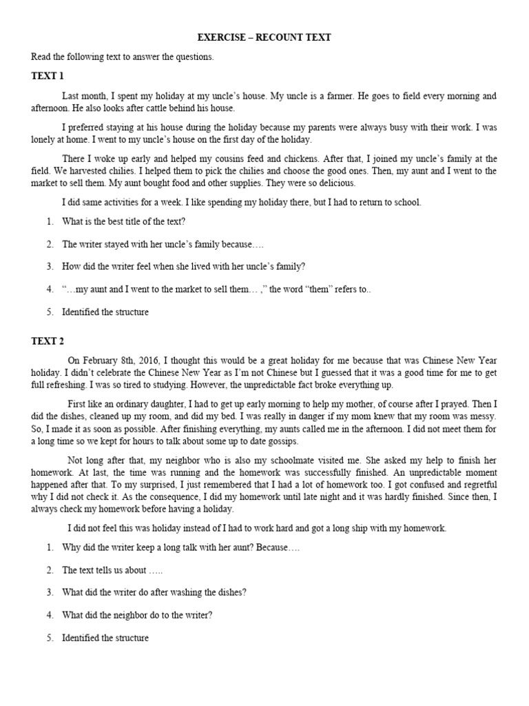 Holiday Recount Text Exercises | PDF | Cuisine | Foods