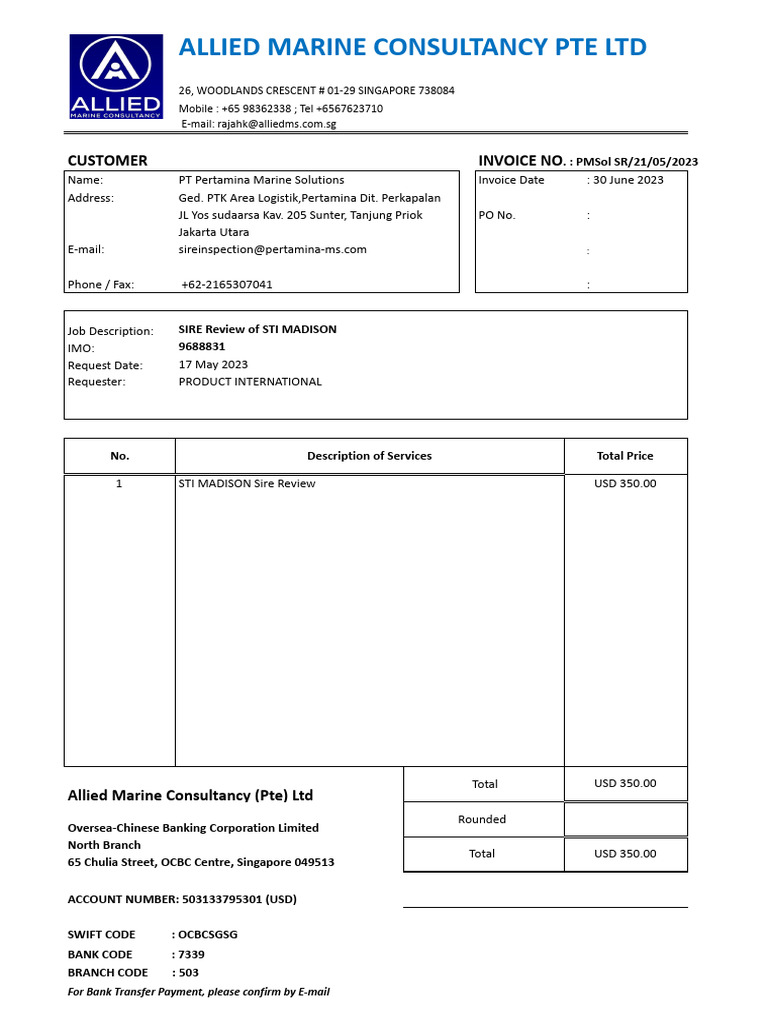 Invoice for SIRE Review of STI MADISON | PDF