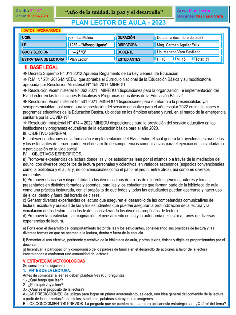 Plan Lector de Aula Del 2º C 2023 | PDF | Salón de clases | Maestros
