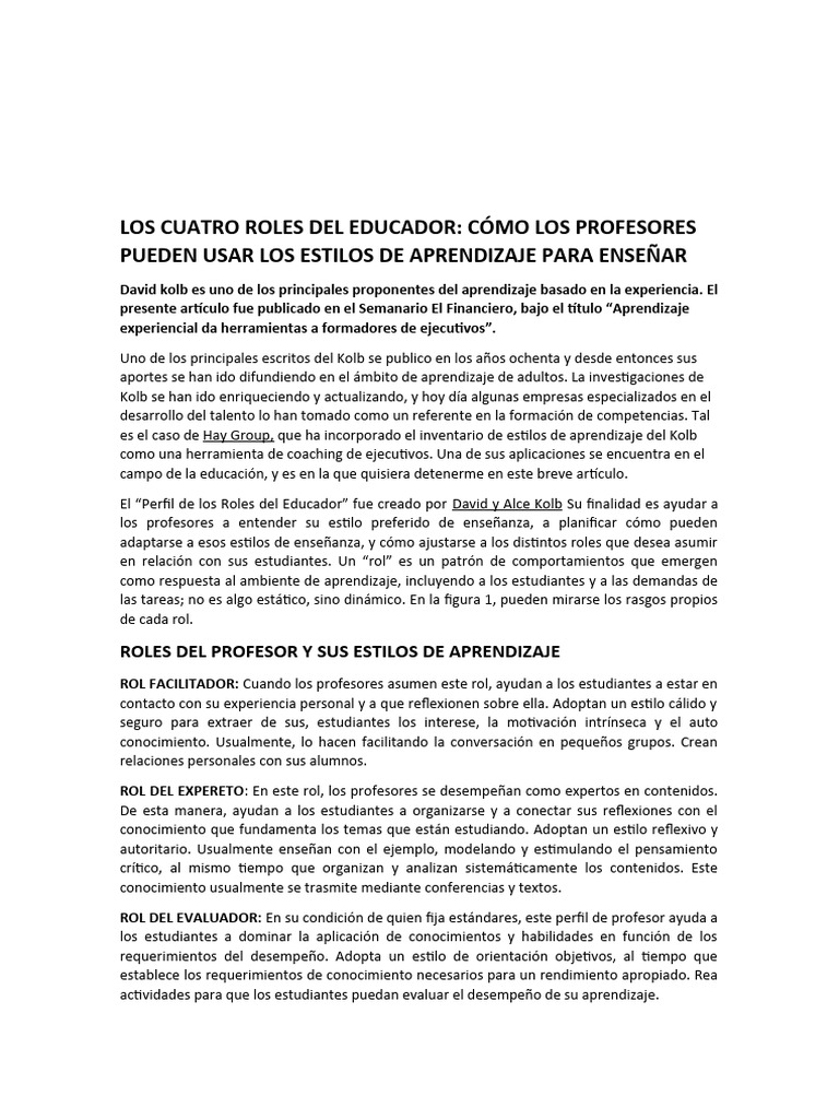 Roles del Educador en el Aprendizaje | PDF | Aprendizaje | Maestros