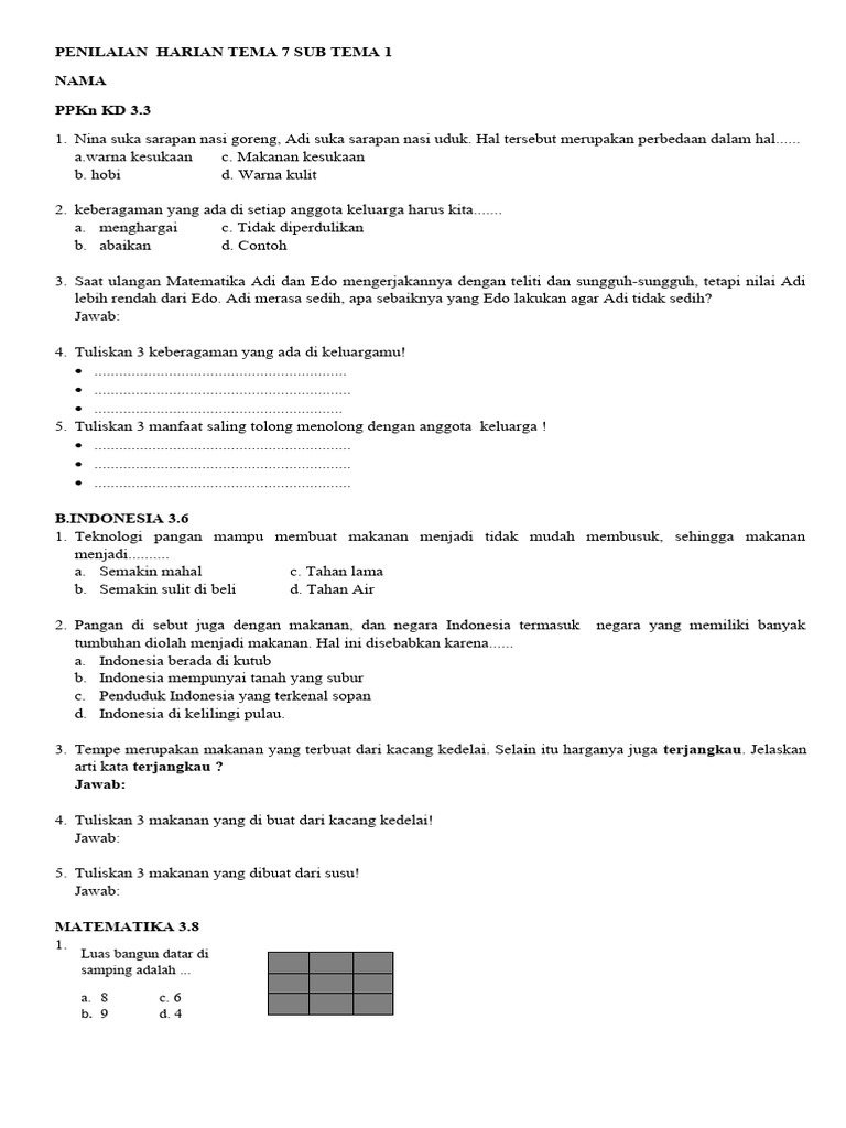 Soal Penilaian Harian Tema 7 | PDF | Griya & Taman