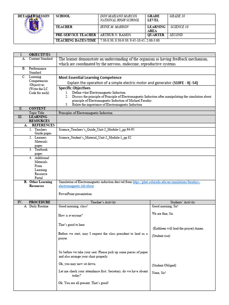 Grade 10 Science Lesson on Electromagnetic Induction | PDF ...