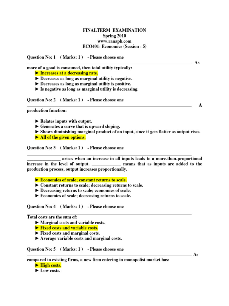 ECO401 Spring 2010 Final Exam Questions | PDF | Economics | Fiscal Policy