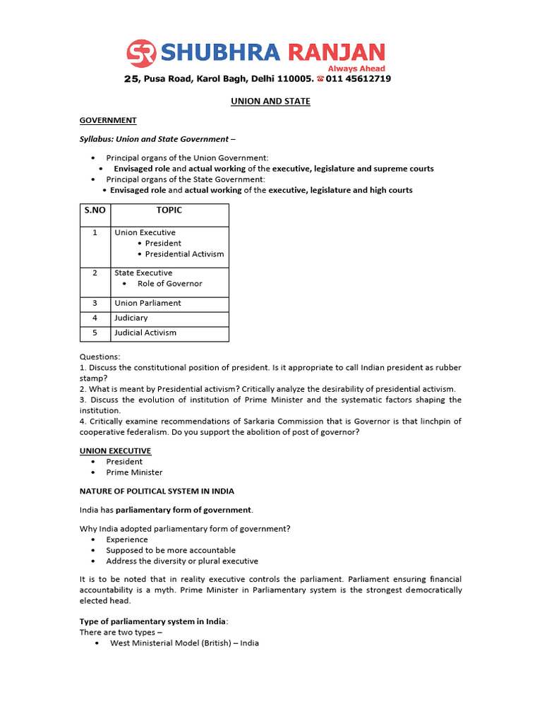 Union and State Government Overview | PDF | Supreme Courts | Narendra Modi
