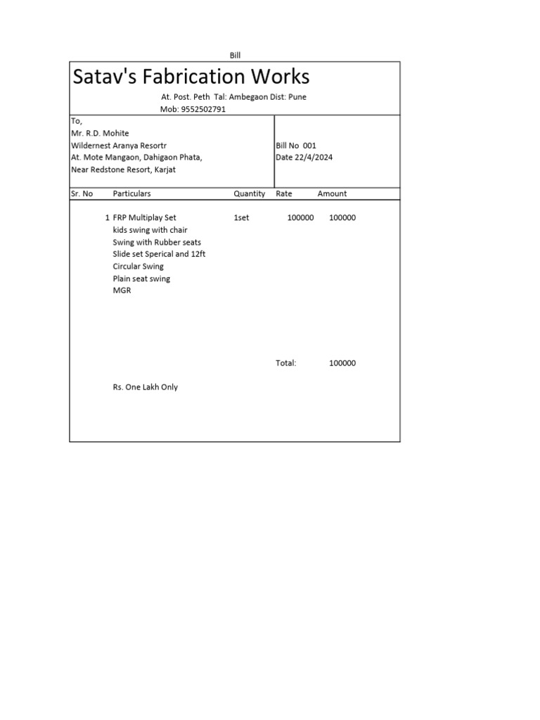 FRP Multiplay Set Invoice - Satav's Fabrication | PDF
