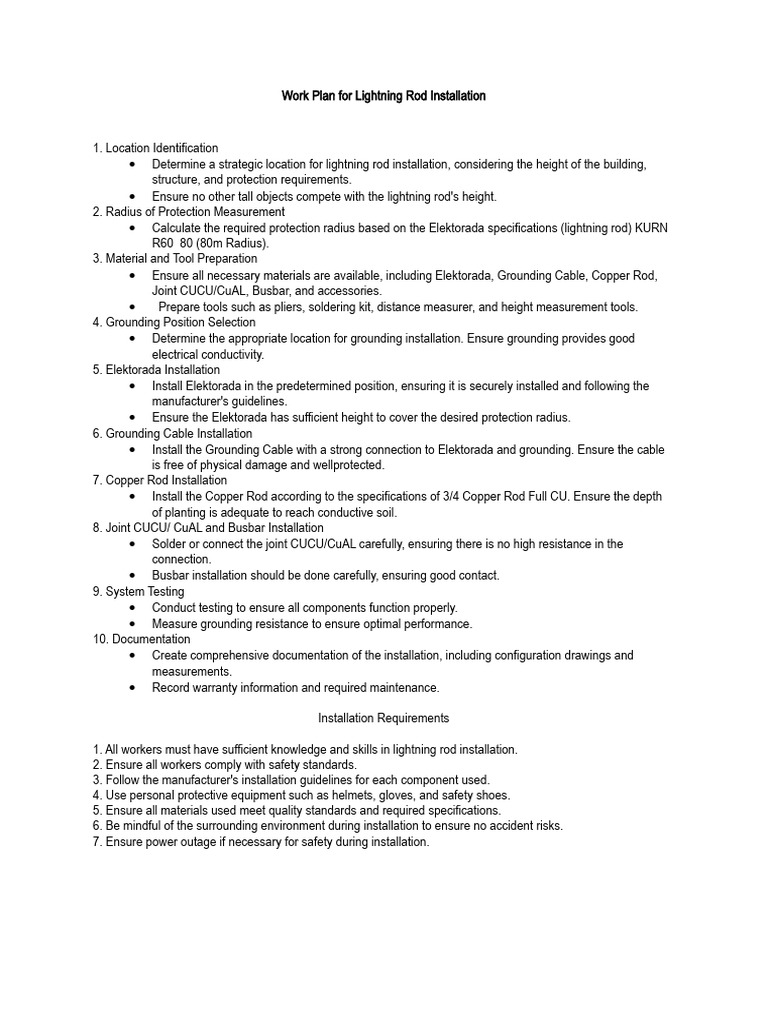 Lightning Rod Installation Work Plan | PDF | Safety | Electricity