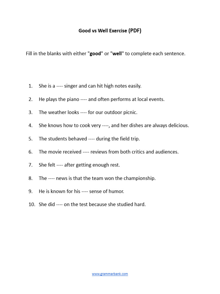 Good Vs Well Exercise PDF | PDF | Language Arts & Discipline