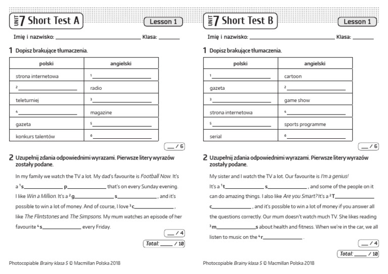 Brainy 5 short tests unit 7 lesson 1 pdf