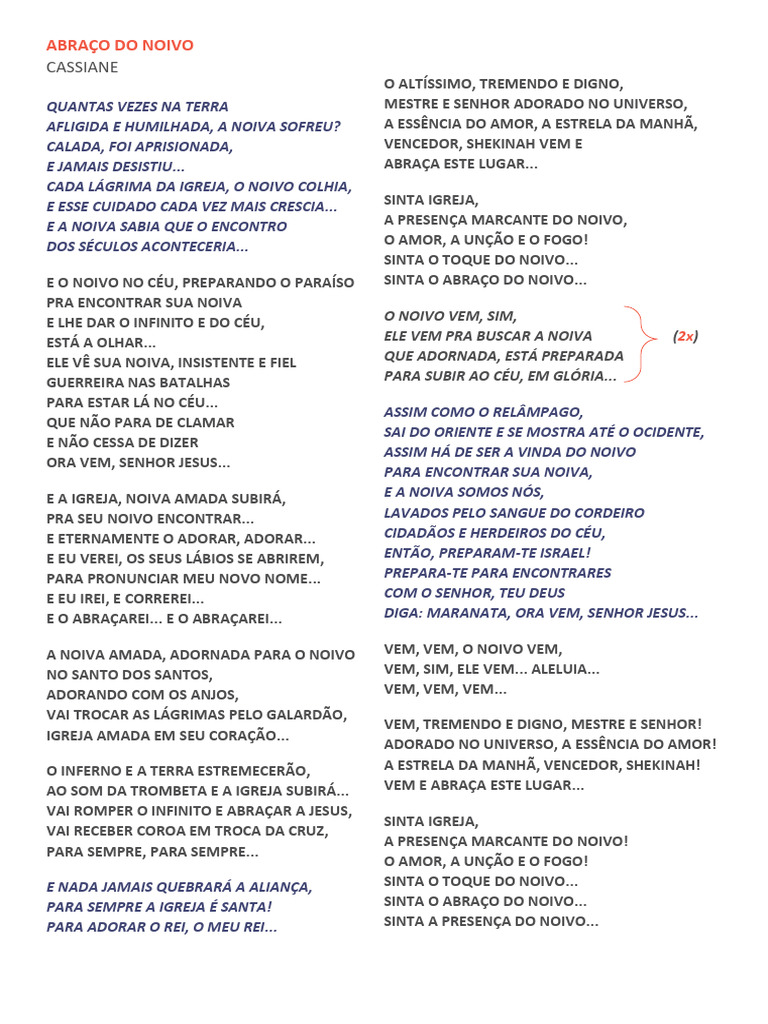 Letra Louvor Abraço Do Noivo | PDF | Céu | Amor