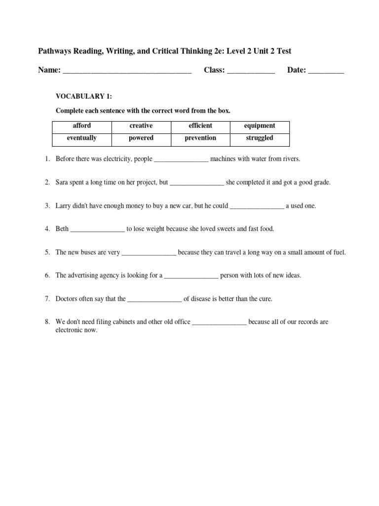 Pathways Unit 2 Test Overview | PDF | Kitchen Stove | Water