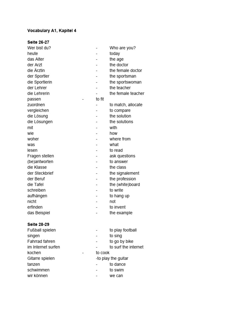 A1 Vocab Unit 4 | PDF