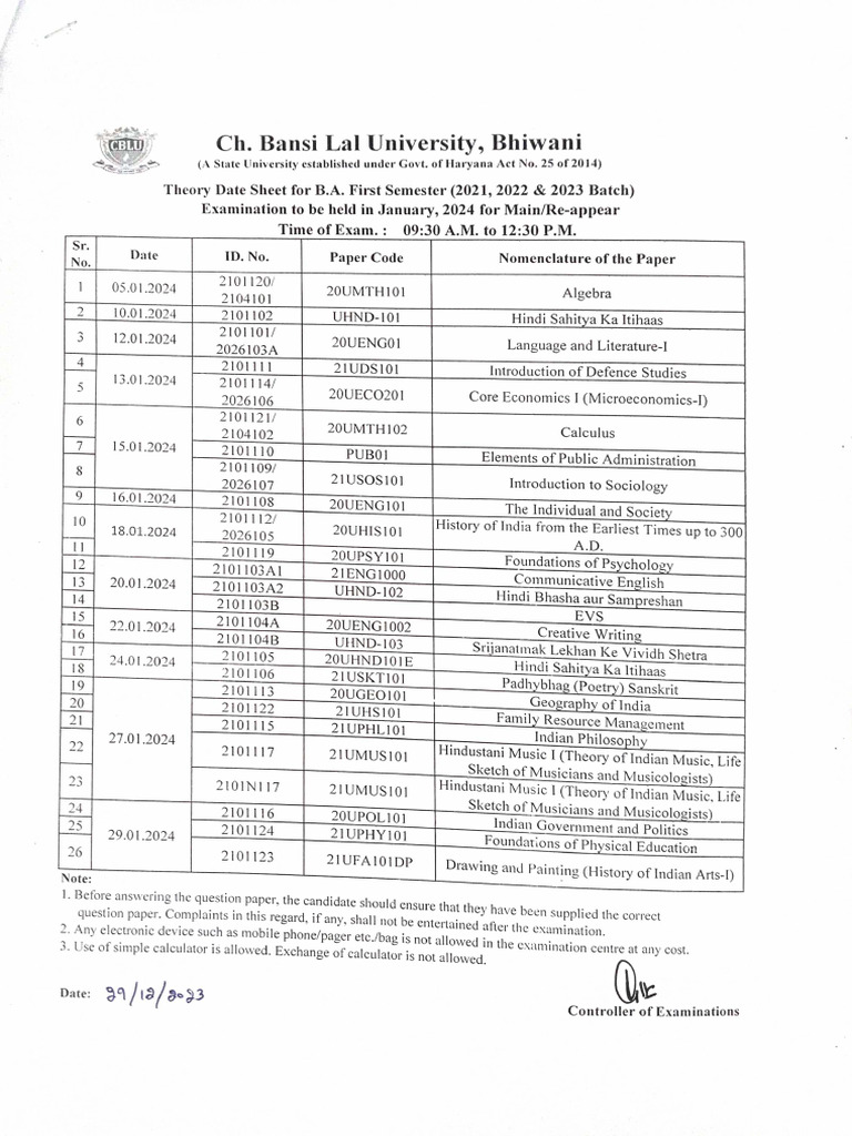 Date Sheet of UG 1st | PDF